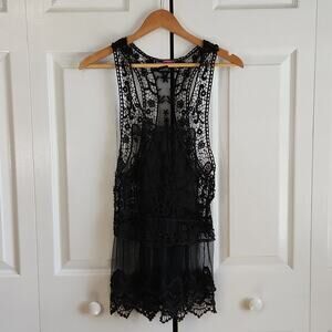 Say What Womens Black Crochet Mesh Top Size SM Whimsigoth Y2K Goth Sheer Floral